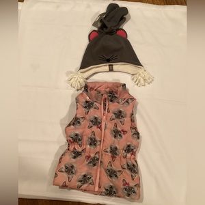 H&M QUILTED PINK KITTY SKI SNOW VEST MOUSE HAT WITH MITTENS SZ 5/6 Y
